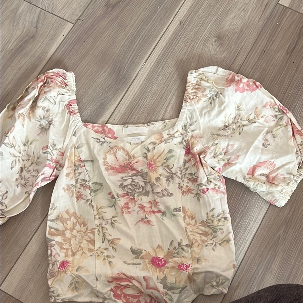 Cream and Pink Ruffled Puff Sleeve Blouse